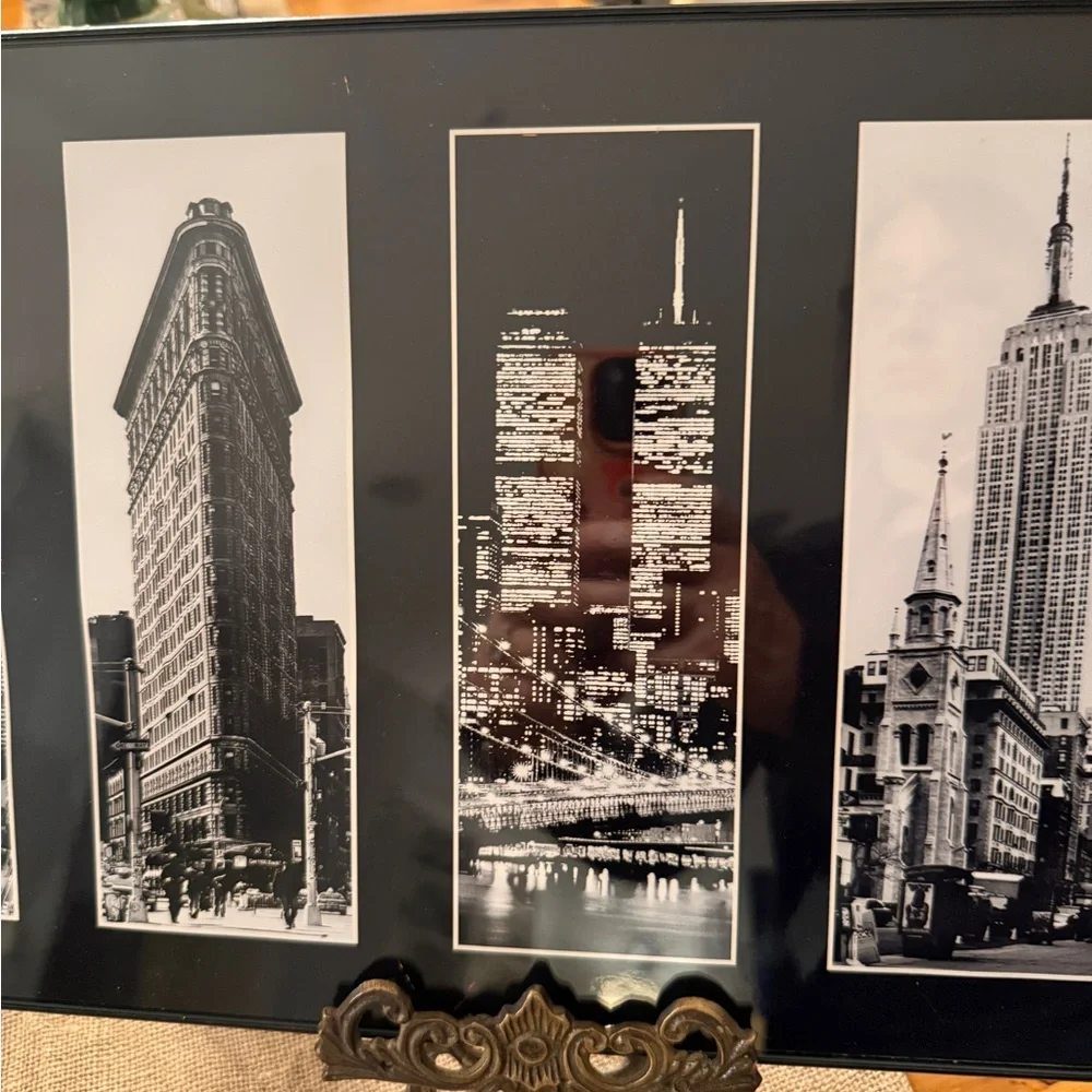 NYC Skyline Wall Frame Black & White-Twin Towers, Empire State Statue of Liberty